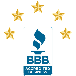 A blue bbb logo next to five stars.